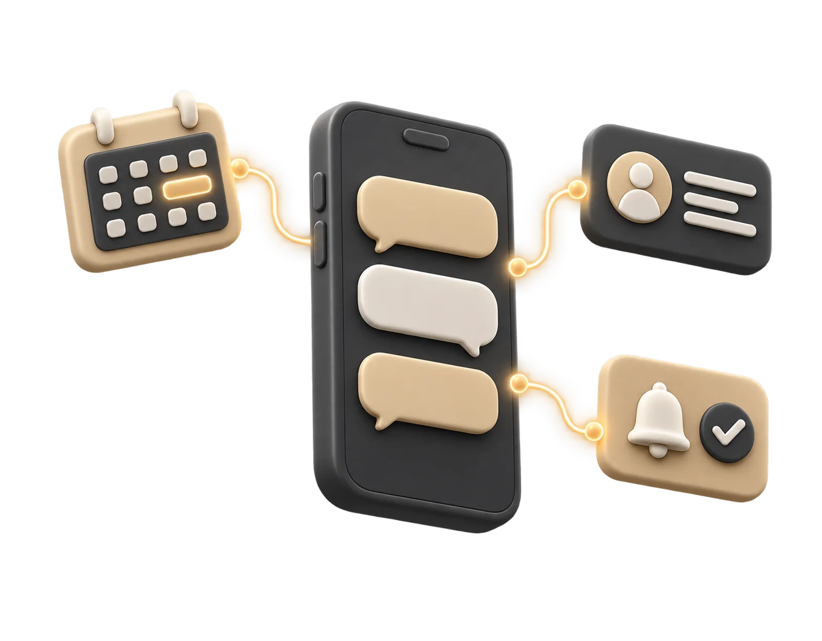 Illustration: a phone with a chat, connected to a calendar, a contact card and a notification.