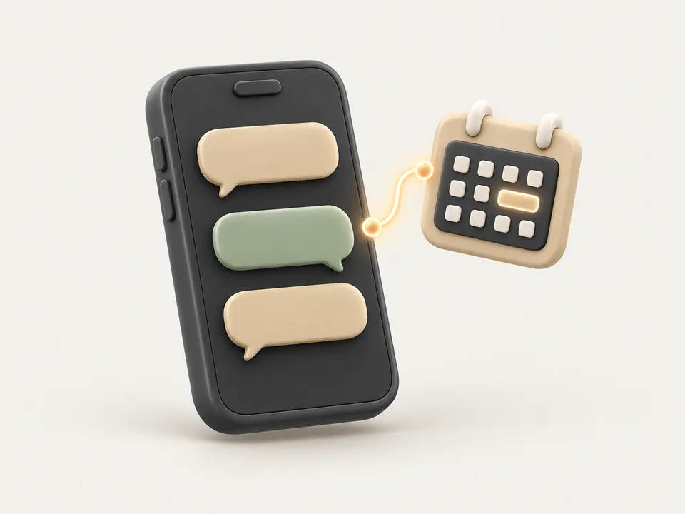 Illustration: a phone with chat bubbles, linked to a calendar with one slot booked.