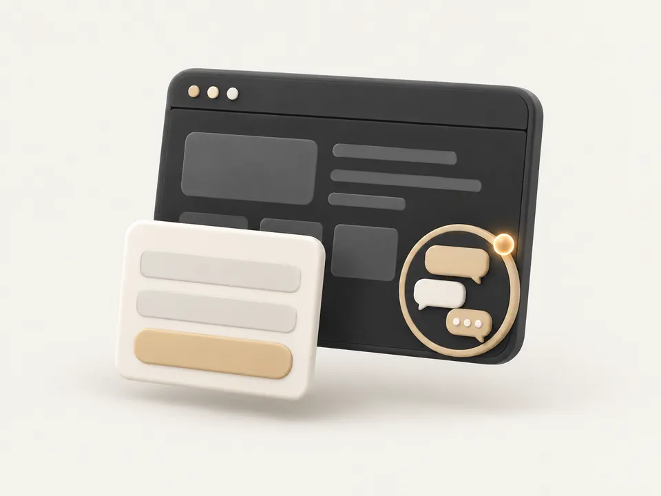 Illustration: a website with its chat assistant open and a contact form in front.