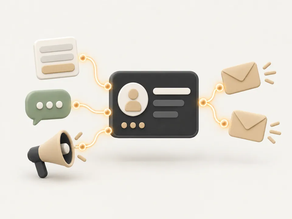 Illustration: a form, a chat and an ad feeding one contact card, with follow-up emails going out.