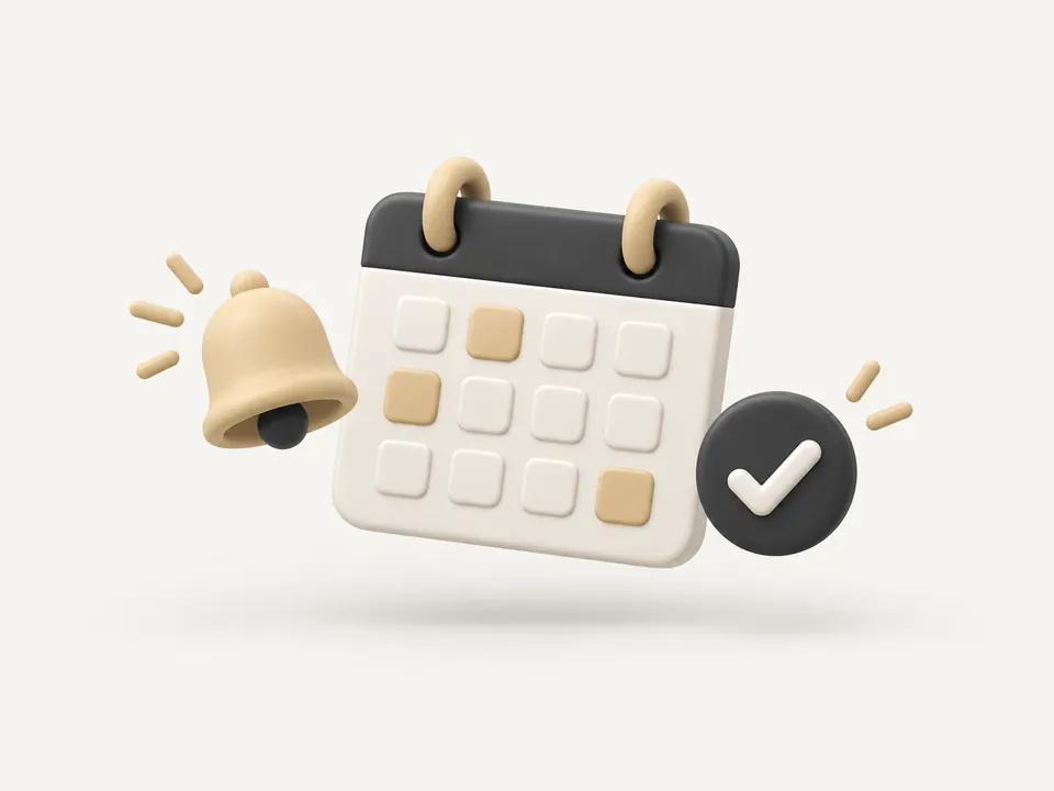 Illustration: a calendar with booked days, a reminder bell and a check mark.