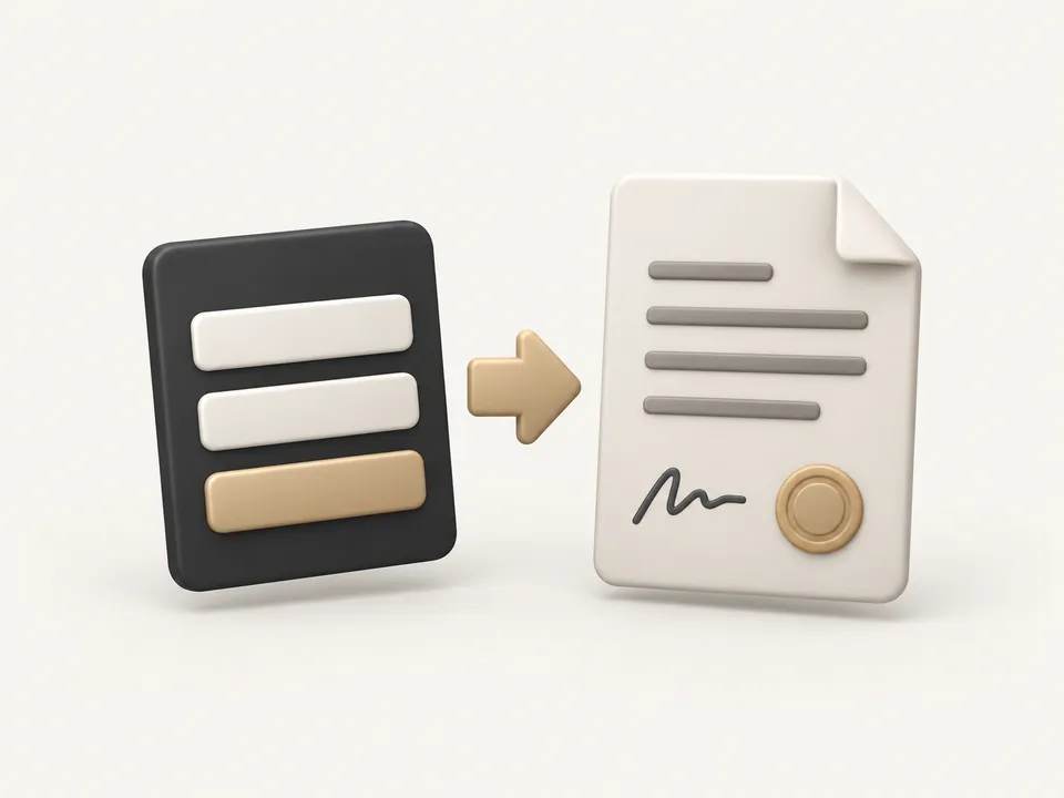 Illustration: a form turning into a signed document with a seal.
