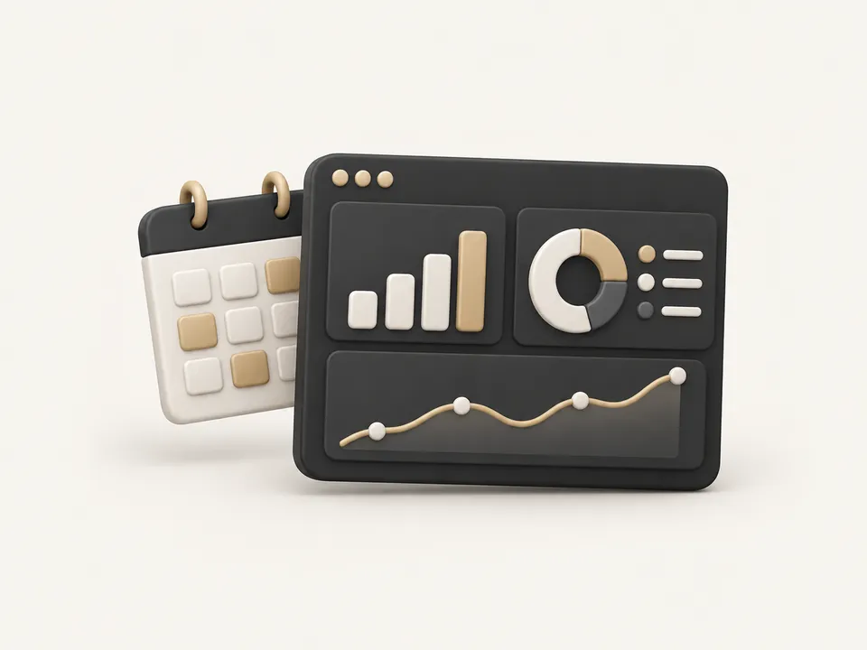 Illustration: a dashboard with bar, donut and line charts, and a weekly calendar behind it.