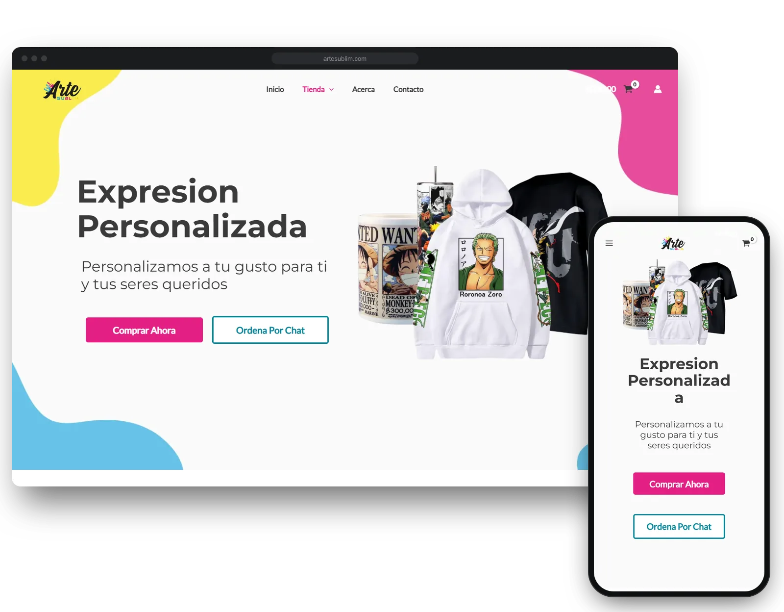 The ArteSublim store, custom printed products, on a desktop browser and a phone.