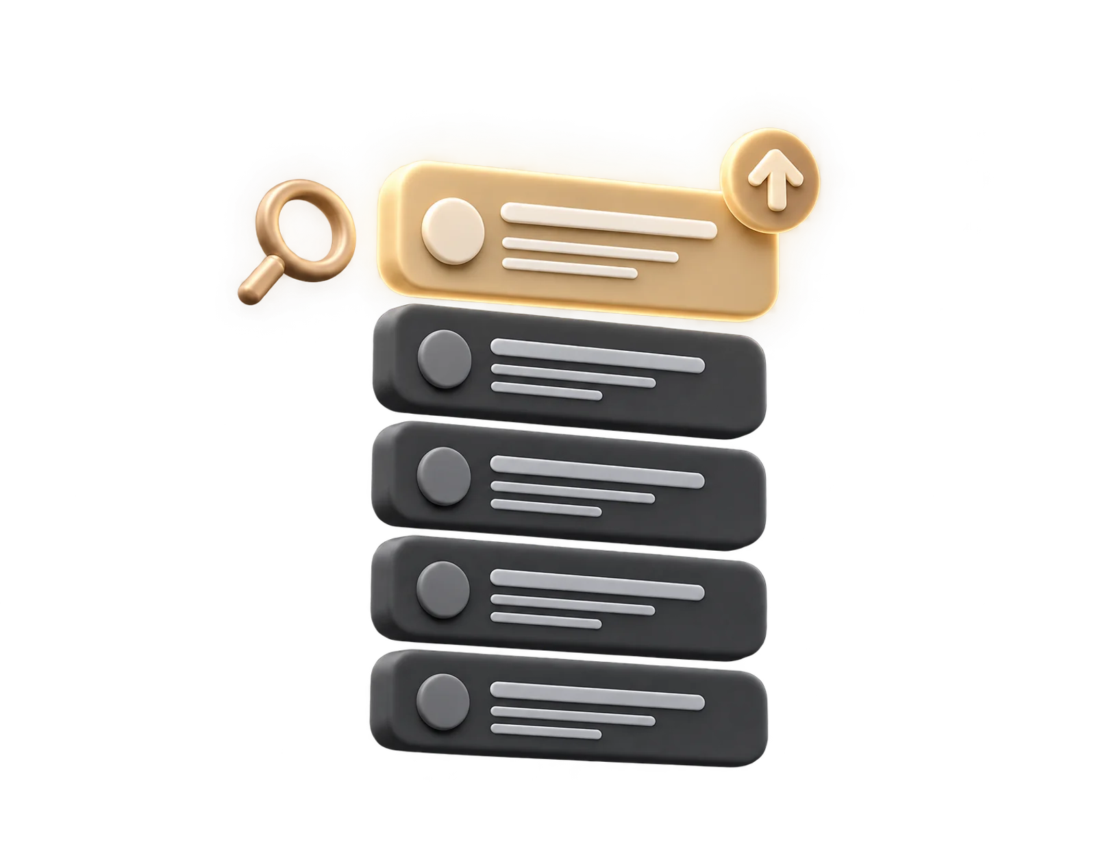 Illustration: a stack of search results with one card lifted to the top.