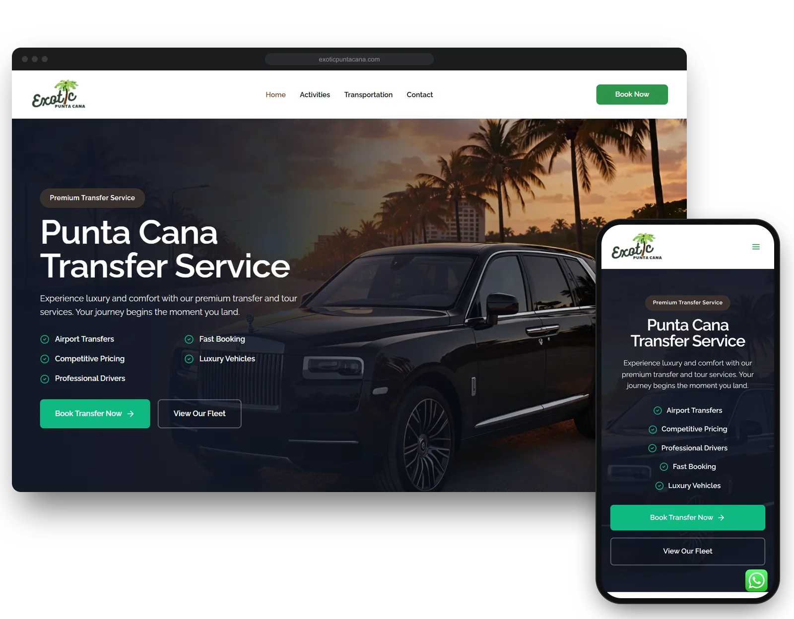 The website of Exotic Punta Cana, a transfer company in Punta Cana, on a desktop browser and a phone.
