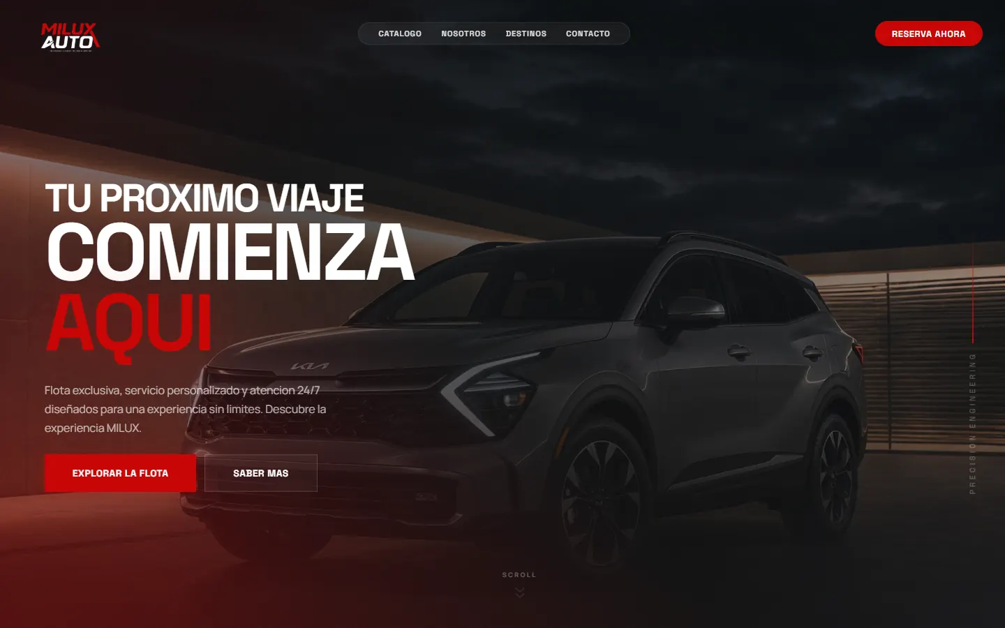 Milux Auto's homepage: a dark hero with the headline “Tu próximo viaje comienza aquí”, two booking buttons and one of their SUVs.