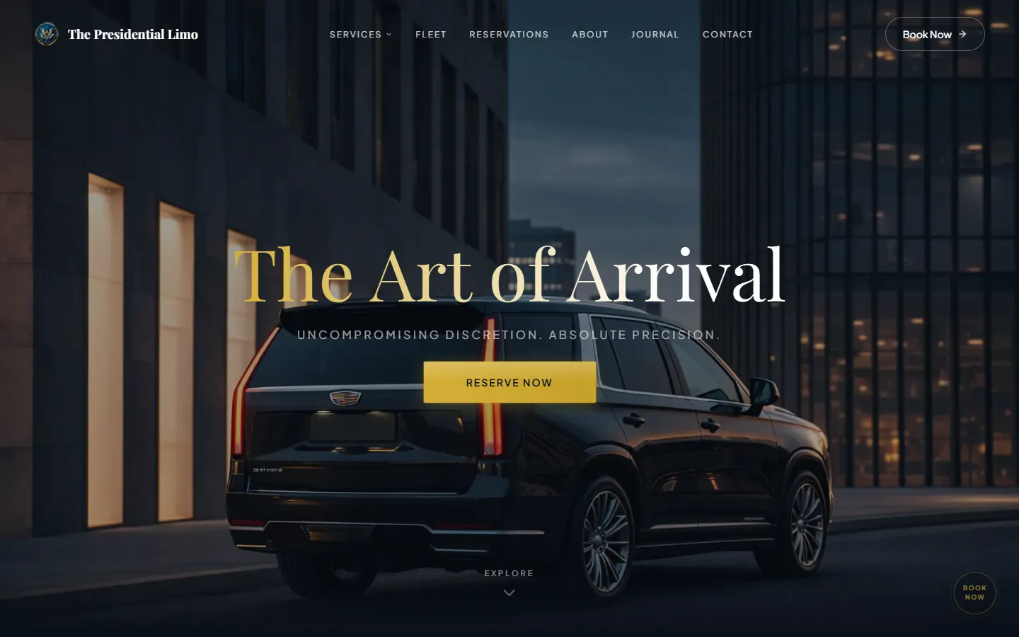 Portada rediseñada de The Presidential Limo: una SUV negra de noche bajo el titular “The Art of Arrival” y el botón Reserve Now.