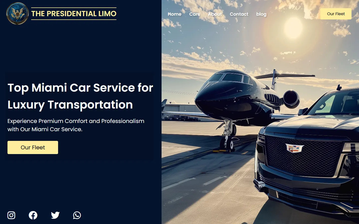 Portada anterior de The Presidential Limo: un bloque azul con el titular a la izquierda y la foto de un jet y una SUV a la derecha.